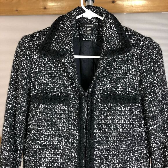 LOUBEN Wool Blend‎ Glitter Lace Detail Black White Long Tweed Coat Sz 4 - Picture 2 of 10